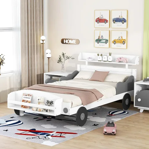 Miniatura 16 de Quarte Cama de plataforma de madera de tamaño matrimonial para niños con cabecera en forma de casa y luces nocturnas activadas por movimiento,
