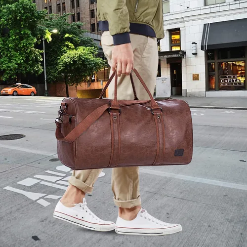 Miniatura 12 de Bolsa de viaje de cuero con bolsa para zapatos, bolsa impermeable para fin de semana, bolsa de lona de mano para hombres y mujeres, color negro