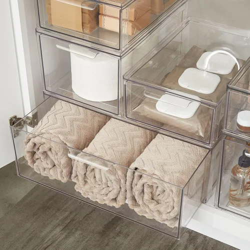 Miniatura 5 de mDesign - Contenedores organizadores de almacenamiento de baño apilables de plástico con cajón frontal extraíble para encimera de baño, tocador