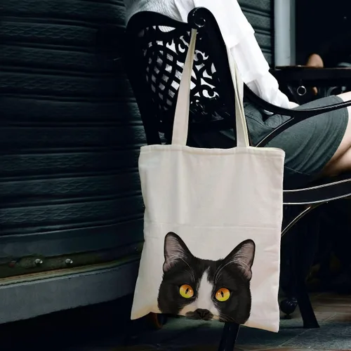 Miniatura 3 de WIRESTER Bolsa de lona reutilizable para mujeres y niñas, bolsa de compras de comestibles, bolsa de hombro, bolsa de viaje, lindo perro y gato Gato