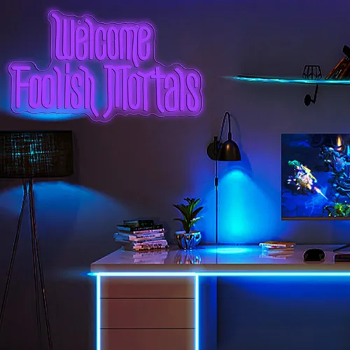 Miniatura 7 de Letrero de neón con texto en inglés "Welcome Foolish Mortals", regulable, espeluznante, gótico, morado, mansión, ataúd, para decoración de pared