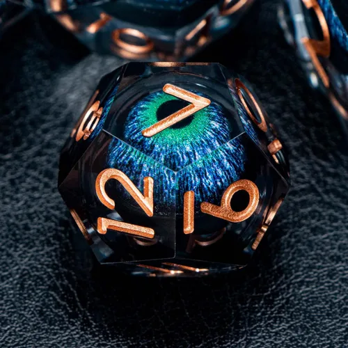 Miniatura 4 de Dragon Eye - Dados DND de núcleo líquido con caja, juego de dados poliédricos de borde afilado verde y azul de resina hechos a mano transparentes D
