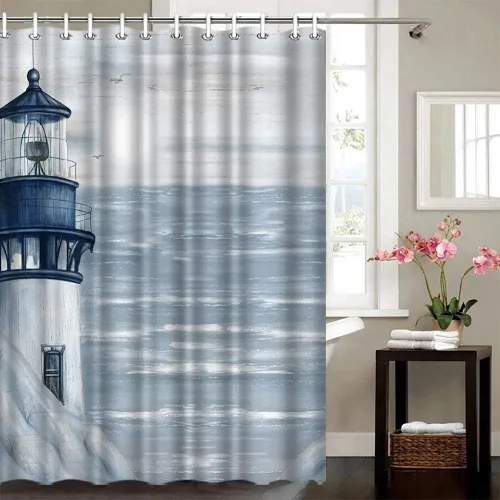 Miniatura 4 de Cortina de ducha con diseño de faro, decoración de baño, 72 x 72 pulgadas, diseño náutico de paisaje marino, tela de poliéster, con ganchos CRT355