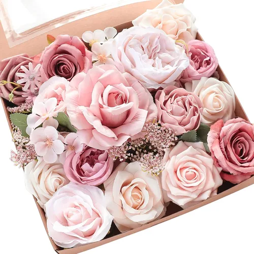 Miniatura 13 de Floroom - Flores artificiales de aspecto real en color lila, lavanda, púrpura y crema, rosas falsas, dalias y vegetación en conjunto de caja