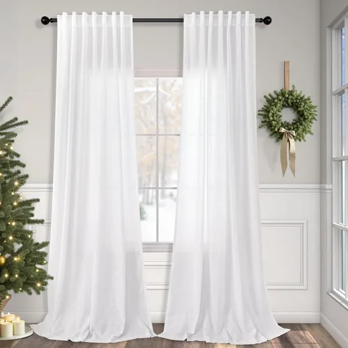 Miniatura 27 de Cortinas de lino azul de 84 pulgadas de largo para sala de estar; juego de 2 paneles con lengüeta trasera; cortinas con dobladillo para barra; Azul