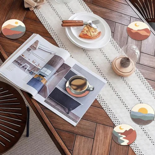 Miniatura 6 de Bulerrylulu Juego de 6 posavasos de pintura de diamantes con soporte, juego de posavasos de arte de diamante de paisaje para bebidas y mesa de café