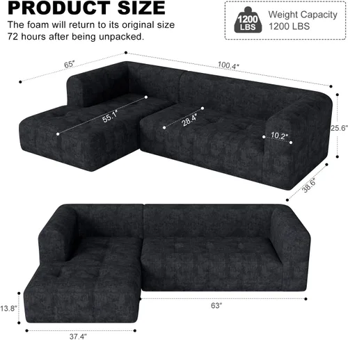 Miniatura 2 de Sofá seccional modular de 105", sofá sin estructura para sala de estar, sofá seccional tipo nube con asiento profundo, sofá en forma de L, sofás