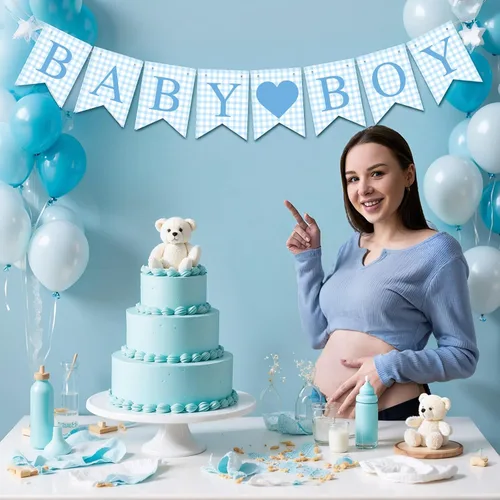 Miniatura 6 de Hahafelt 1 pieza de pancarta azul de gingham para bebé niño para decoraciones de fiesta Azul preencordada Baby shower, es un niño, pancarta de papel