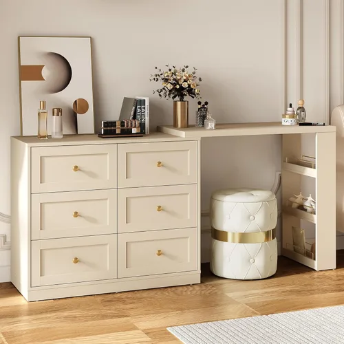 RoyalCraft Combo de escritorio extensible y tocador, mesa de maquillaje de 67 pulgadas con cajones y 3 estantes laterales, tocador de madera para