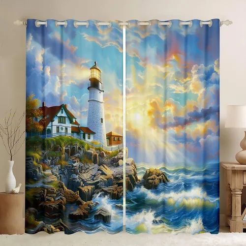 Miniatura 15 de Erosebridal Nautical Lighthouse Blackout Curtains 30-50% Navigation Theme Curtains for Women Men Watercolor Seascape Window Treatments Coastal Night