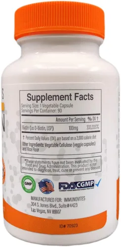 Miniatura 2 de IMMUNOVITES Biotina de dosis alta (como d-biotina, USP) 100mg (equivalente a 100,000mcg) 90 cápsulas, alta potencia