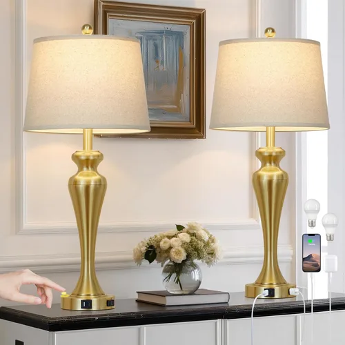 Miniatura 17 de Lámpara de mesa marrón oscuro de 30 pulgadas, lámpara de noche individual con control táctil de 3 vías con puertos USB A+C y salida de CA, lámparas