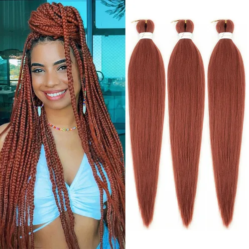 Miniatura 44 de Cabello trenzado marrón preestirado de 30 pulgadas, 3 paquetes de cabello trenzado preestirado de color 30 EZ, textura Yaki, extensiones de cabello