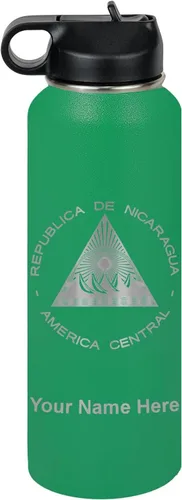 Miniatura 60 de LaserGram Botella de agua personalizada, bandera de Nicaragua, acero inoxidable de doble pared aislada al vacío con popote superior, regalo grabado
