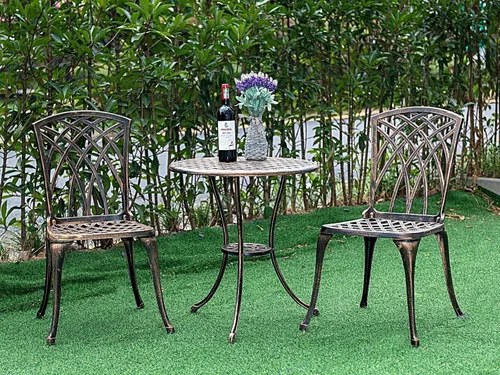 Miniatura 4 de Bistro - Juego de muebles de patio de aluminio fundido de 3 piezas, 2 sillas y 1 mesa redonda con agujero para sombrilla para exteriores, patio
