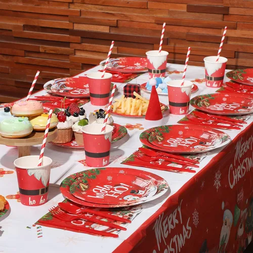 Miniatura 7 de 194 piezas de juego de vajilla para fiesta de Navidad con temática linda de Santa y muñeco de nieve, suministros para fiesta de Navidad, mantel