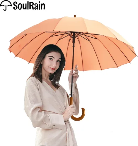Miniatura 54 de SoulRain Paraguas de palo de 16 varillas de 48 pulgadas, apertura automática, color sólido, moderno y simple, mango de madera clásico de arco