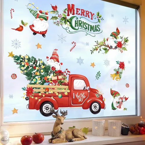 Miniatura 3 de Wondever Pegatinas de pared de camiones rojos - Gnomos, árbol de Navidad, calcomanías de arte para ventana para fiesta, decoración navideña