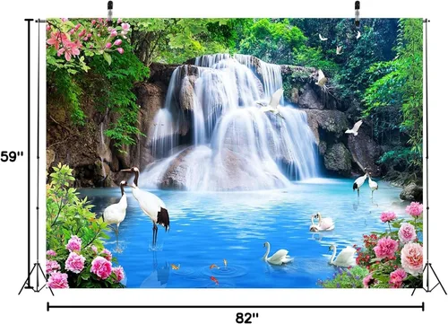 Miniatura 8 de BELECO Telón de fondo de tela de 5 x 3 pies para fotografía, bosque de montaña, paisaje de grandes cataratas, grúa de agua azul, flores
