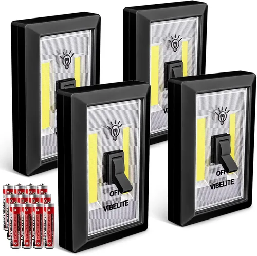 Interruptor de luz nocturna LED, 12 baterías en total incluidas, interruptor LED COB inalámbrico de 200 lúmenes, debajo del gabinete, estante, Negro