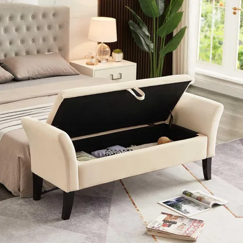 Miniatura 2 de Banco otomano tapizado de tela de terciopelo de 51.5 pulgadas con almacenamiento y brazos, asiento acolchado con patas de madera maciza, asiento