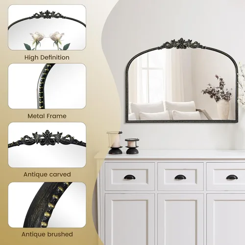 Miniatura 8 de WallBeyond Espejo vintage negro para tocador de 32x24 pulgadas, espejo negro antiguo con marco ornamentado, pared vintage arqueada para baño, sala
