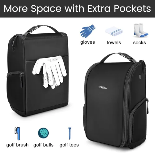 Miniatura 4 de YOREPEK Bolsa para zapatos de golf, bolsa de accesorios de golf con 3 bolsillos para calcetines, camisetas, bolas, diseñada con una asa de Negro