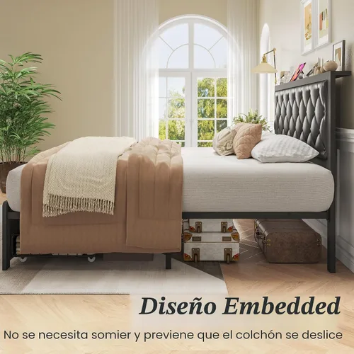 Miniatura 6 de Fluest - Base de cama tamaño Queen con 2 cajones de almacenamiento, cabecero tapizado con botones y estación de carga, no necesita somier, libre