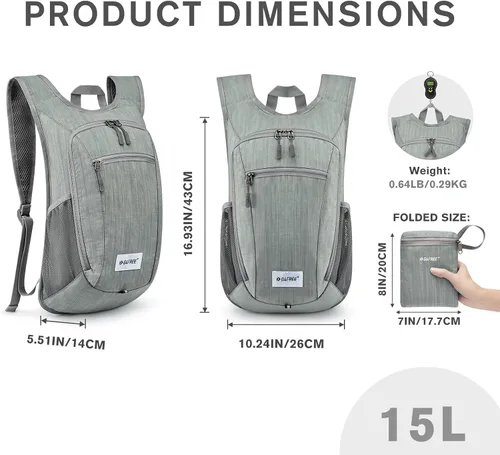Miniatura 3 de G4Free 10L/15L Mochila para Senderismo Plegable Ligera, Mochila de Día para Caminatas, Pequeña, Viaje al Aire Libre, Bolsa de Hombro Plegable Gris