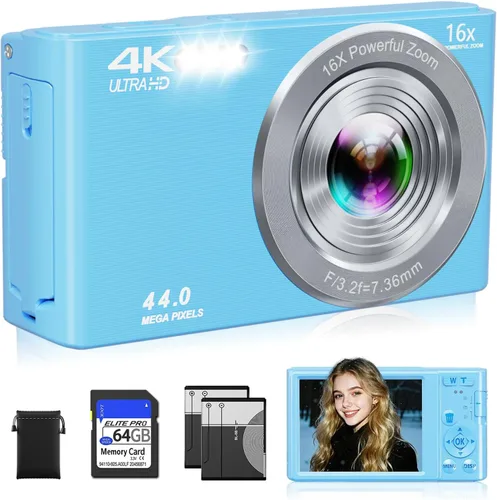 Miniatura 14 de Cámara digital 4K, cámara digital compacta digital de enfoque automático, zoom digital de 16X, cámara de viaje mejorada con tarjeta SD de 64 GB, 2