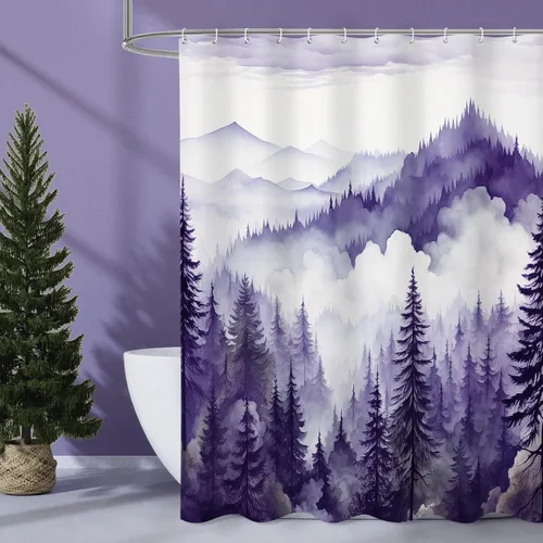 Miniatura 9 de Litabel - Cortina de ducha negra pequeña de 36 x 72 pulgadas, diseño de bosque de pino neblinoso, cortinas de ducha estrechas de medio