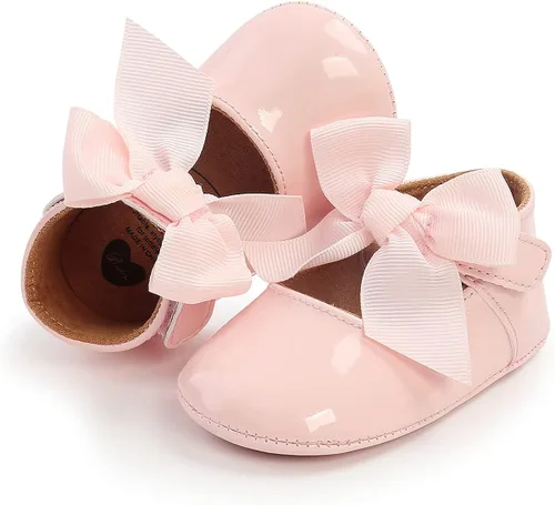 Miniatura 8 de QWZban Zapatos planos Mary Jane con Bownot antideslizante suela suave de piel sintética para recién nacidos, bebés, primeros caminantes