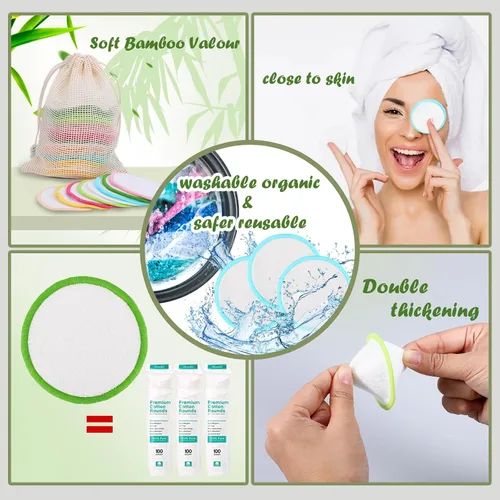Miniatura 2 de XSEINO Almohadillas desmaquillantes reutilizables (paquete de 40) con material de fibra de bambú natural lavable, almohadilla de algodón de bambú