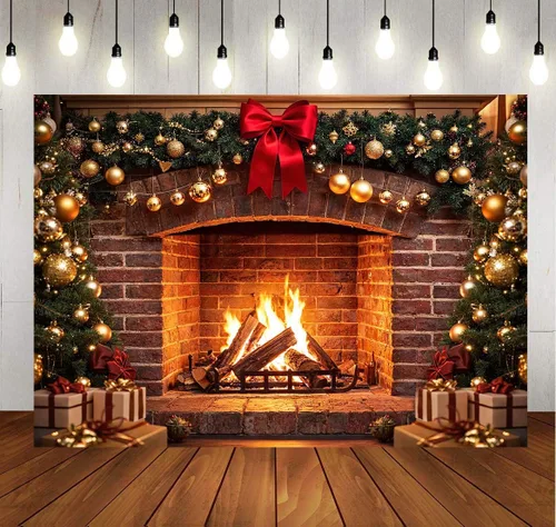 Miniatura 3 de Fondo de fotografía de chimenea navideña de 7 x 5 pies Telón de fondo de chimenea de ladrillo vintage Telón de fondo para fotos de árbol de Navidad