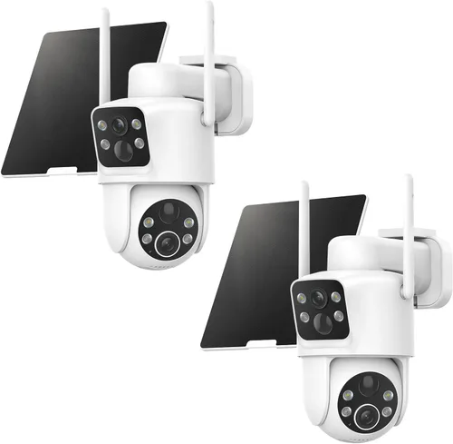 TKENPRO Paquete de 2 cámaras de seguridad solares de doble lente inalámbricas para exteriores, video Full HD 2K, visión de 360° Pan/Tilt Cámara de