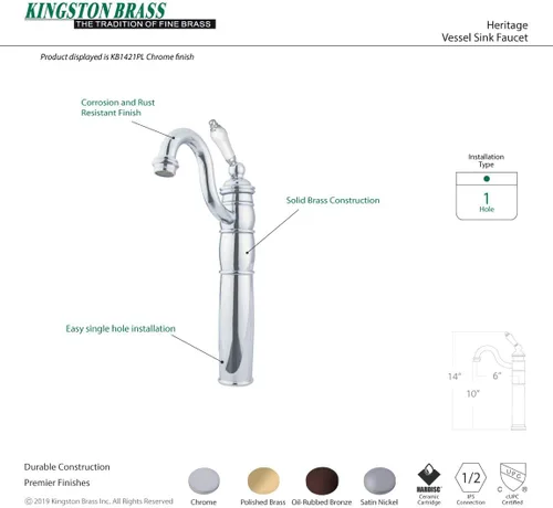 Miniatura 5 de Kingston Brass KB1428PL Heritage - Grifo para fregadero con placa de cubierta opcional, níquel cepillado, 14.31 x 6 x 2.25 pulgadas