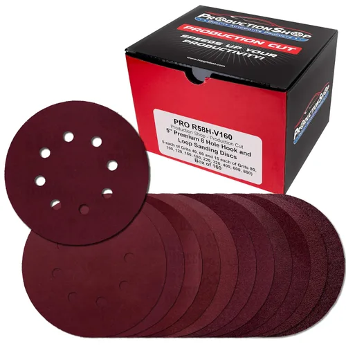 Miniatura 15 de ProductionShop Discos de lijado de grano 40 con patrón rojo de 8 agujeros de 5 pulgadas, caja de 30, papel de lija sin polvo con respaldo de gancho