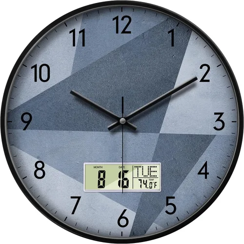 Reloj de pared industrial SCOAGE con día, semana, temperatura en gris azulado, relojes digitales sin tictac de gran pantalla, relojes de pared