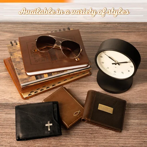 Miniatura 7 de Christian Art Gifts Cartera de cuero genuino para hombre Fuerte y valiente con incrustaciones de latón " Deuteronomio 316 versículo de la Biblia