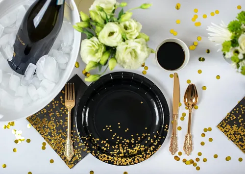 Miniatura 3 de Platos negros de papel negro de 9 pulgadas, 50 unidades, platos de papel negro y dorado para fiesta, 21 cumpleaños, graduación, Año Nuevo