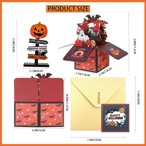 Miniatura 3 de Tarjeta de caja desplegable de Halloween, 3D de casa encantada, fantasma, calabaza, tarjetas para fiesta de Halloween con sobres, etiqueta de notas