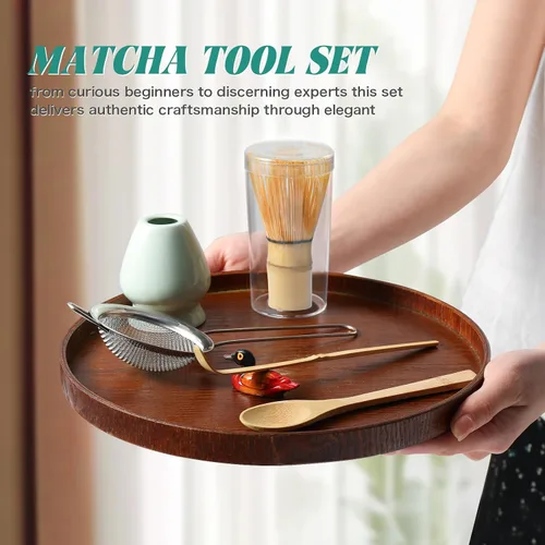 Miniatura 6 de Juego de batidor de matcha: juego de matcha con batidor de matcha de bambú y soporte de cerámica, cuchara de bambú+cuchara de madera, soporte
