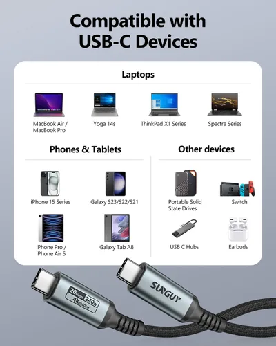 Miniatura 7 de SUNGUY Cable USB C 3.2 Gen2 de 3.3 pies, 240 W PD USB C, carga rápida, transferencia de datos de 20 Gbps, salida de video 4K, cable de pantalla tipo