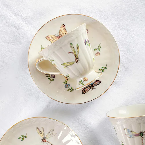 Miniatura 4 de Juego de taza de té y platillo de porcelana, taza de café de cerámica de 8.5 onzas líquidas con platillo y cuchara, taza de café vintage con ribete