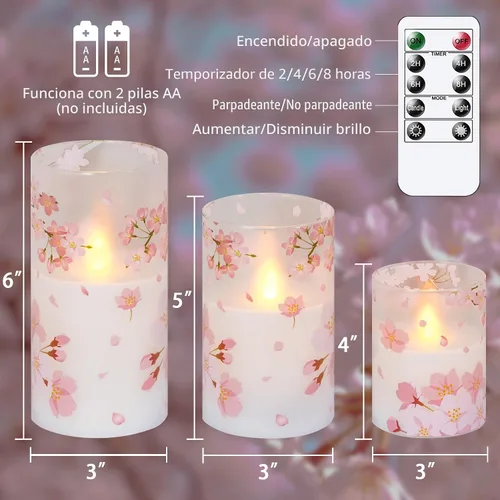 Miniatura 4 de Velas de cristal sin flama parpadeantes con control remoto y temporizador, flores de cerezo LED, cera real operadas por batería, juego de 3 velas