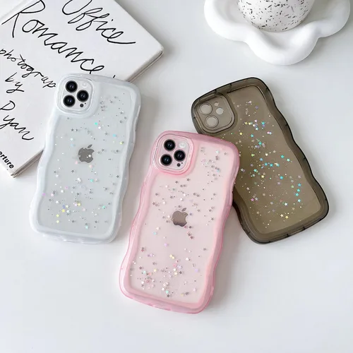 Miniatura 7 de Qokey Funda para iPhone 12 Pro Max de 6.7 pulgadas, diseño de onda rizada, borde transparente, brillante con purpurina, estrella brillante, bonita