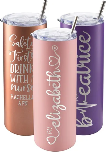 Miniatura 12 de Regalos de enfermera para mujeres, vaso personalizado para enfermera con nombre y especialidad, 20 onzas flacas, blanco, 8 diseños, con cepillo
