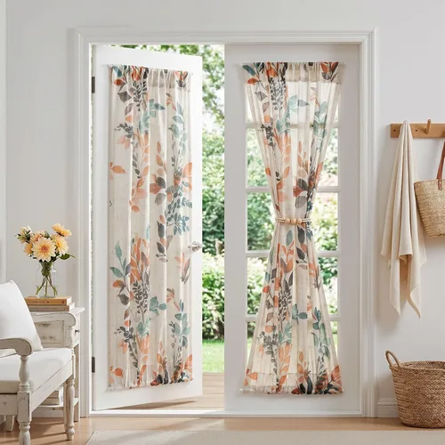 Miniatura 13 de MYSKY HOME Cortinas de lino para sala de estar, patrón de hojas, semitransparentes, cortinas verticales, decoración de estilo hawaiano, textura