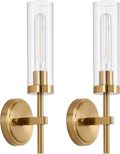 Miniatura 23 de Juego de 2 apliques de pared cableados negros y dorados, modernos apliques de tocador de baño con pantalla de vidrio transparente, luces de montaje