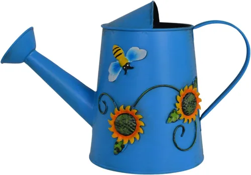 Regadera decorativa de metal con girasol y abeja (vol: 4 tazas) | Regadera azul pequeña | Decoración de jardín Regalo de inauguración de la casa